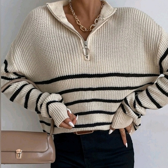 Sweaters - NEW Zip Striped Oversized Knit Pullover Sweater Top Tan Black